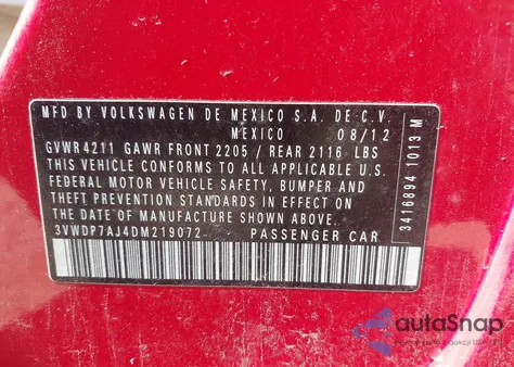 2013 Volkswagen Jetta 2.5L Se z USA, uszkodzony, nr VIN 3VWDP7AJ4DM219072